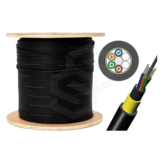Cable de Fibra óptica ADSS, 24 hilos FO, G652D, MDPE chaqueta negra, con protección UV y protección antifúngica, spam 120 metros. 4km/tambor