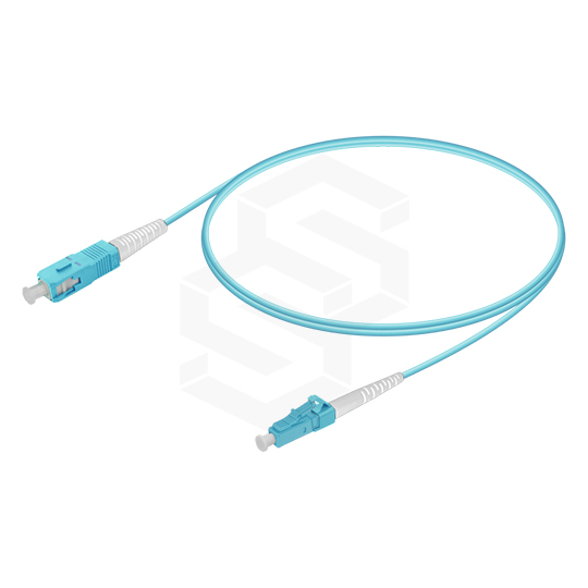 Cable Patchcord fibra óptica LC/UPC - SC/UPC, OM3 multimodo, simplex, 3mm, chaqueta LSZH aqua, 5 mts