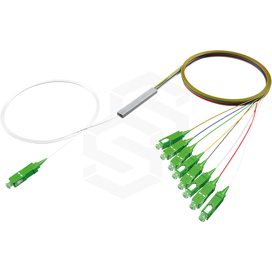 Splitter PLC 1x8 SC/APC, G657A1, 900µm, entrada color blanco, salida colores internacionales