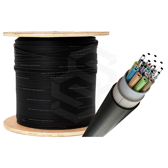 Cable de fibra óptica mod. GJYFTY 6 hilos FO, OM3, con blindaje dieléctrico, interior/exterior, cubierta negra de MDPE. 1km/tambor