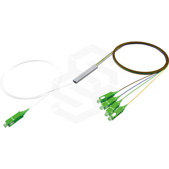 Splitter PLC 1x4 SC/APC, G657A1, 900µm, entrada color blanco, salida colores internacionales