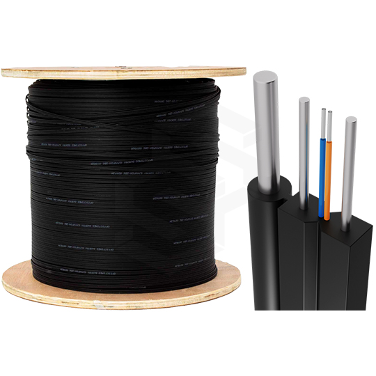 Cable de fibra óptica Drop plano, 2 hilos FO, G657A2, 2x5 mm, miembro resistente de FRP, mensajero resistente de acero de 1 mm, chaqueta negra LSZH. Tambor de madera: 1km/tambor.